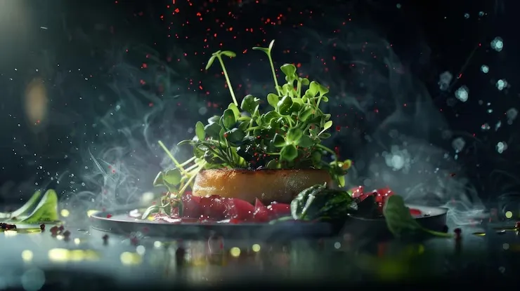 Dramatic food photography with smoke and lighting representing content day production sessions
