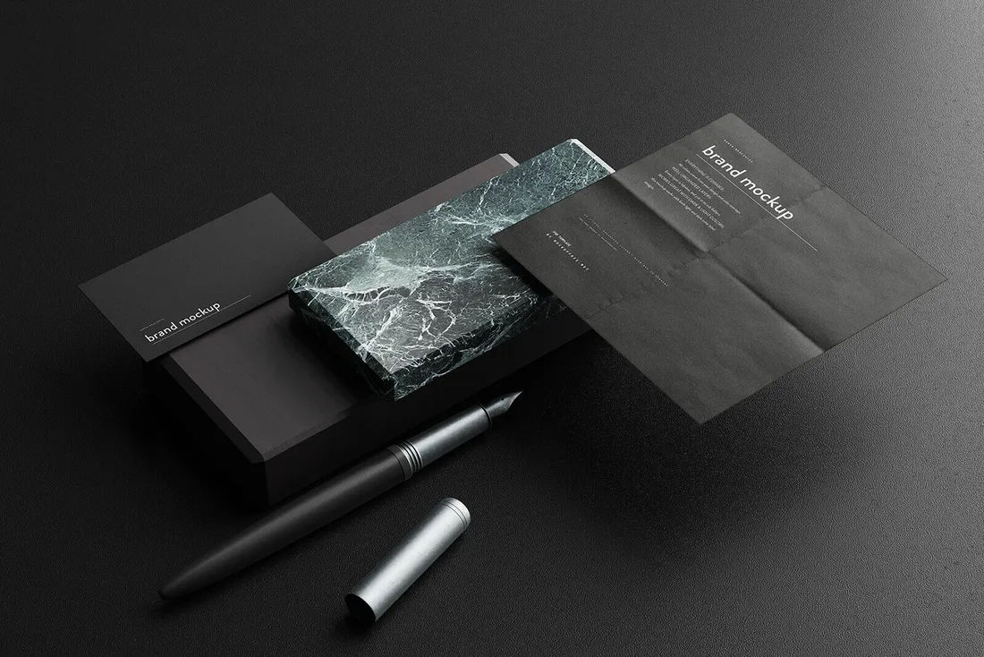 Dark premium corporate stationery mockup representing MADE brand package