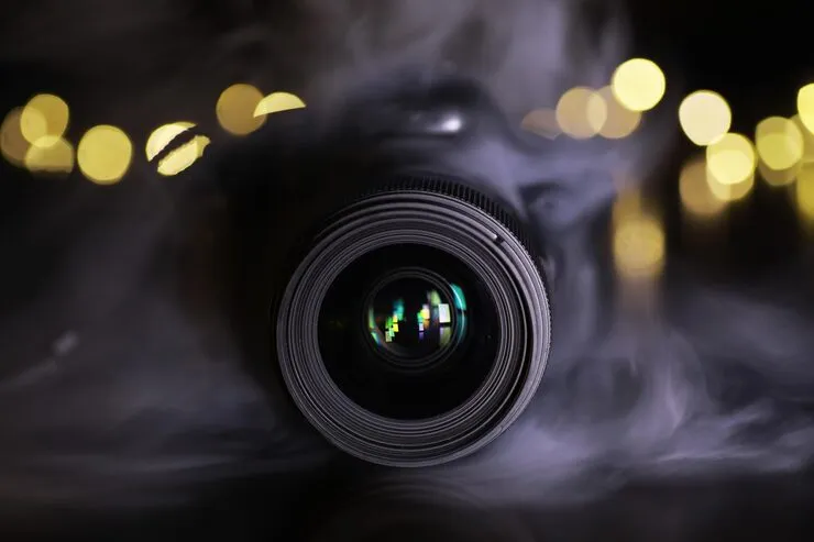 Photography project placeholder - professional camera with bokeh lights